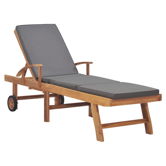 Sun lounger with cushion in solid teak wood, dark grey