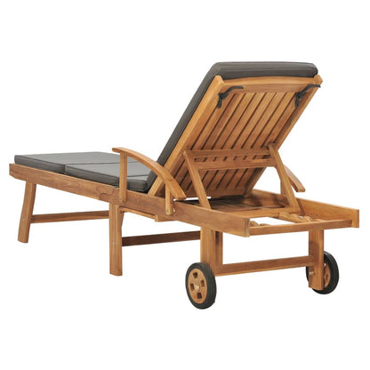 Sun lounger with cushion in solid teak wood, dark grey