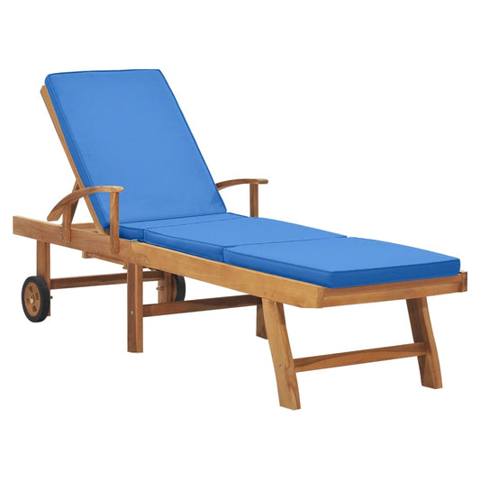 Sun lounger with cushion in solid teak wood in blue