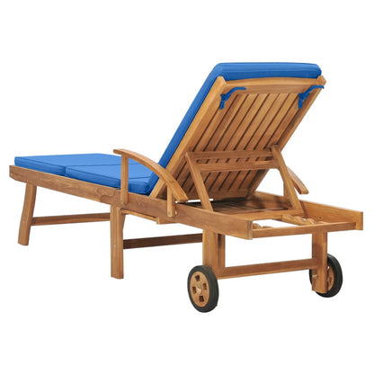 Sun lounger with cushion in solid teak wood in blue