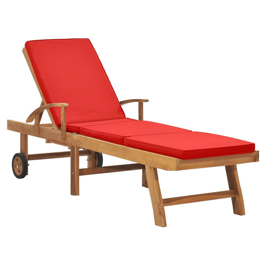 Red solid teak wood sun lounger with cushion