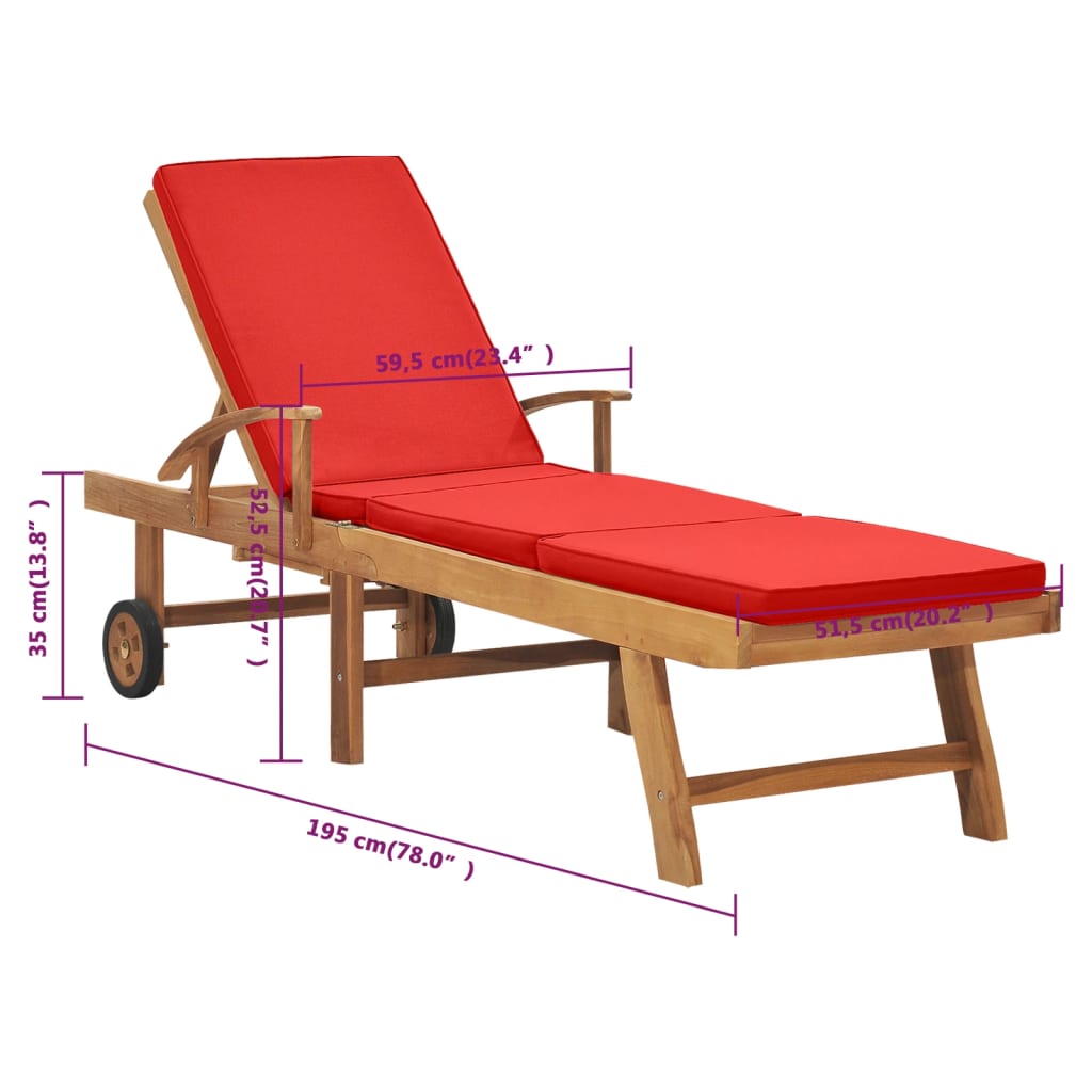 Red solid teak wood sun lounger with cushion