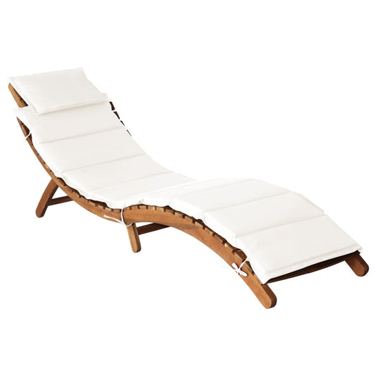 Sun lounger with cushion in solid acacia wood, cream colour