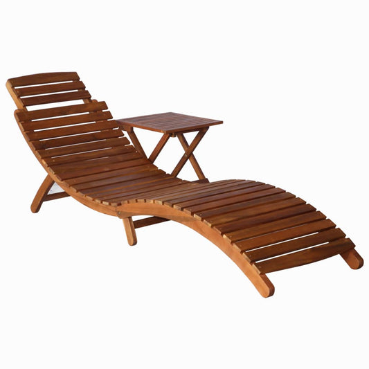 Sun lounger with table in solid acacia wood, brown