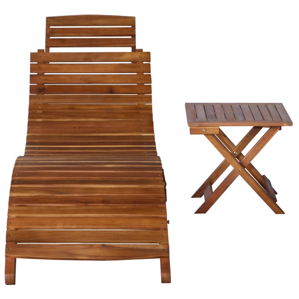 Sun lounger with table in solid acacia wood, brown