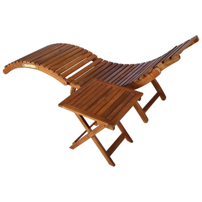 Sun lounger with table in solid acacia wood, brown