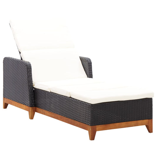 Sun lounger in PE wicker and solid acacia wood in black