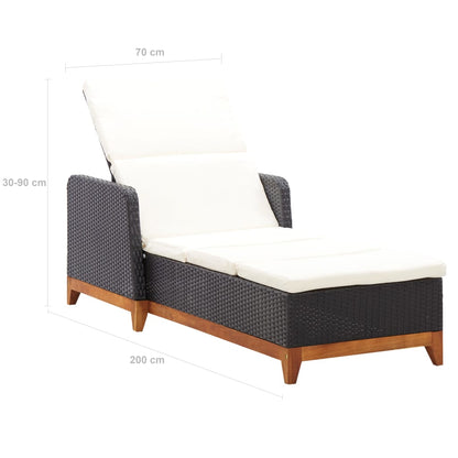 Sun lounger in PE wicker and solid acacia wood in black