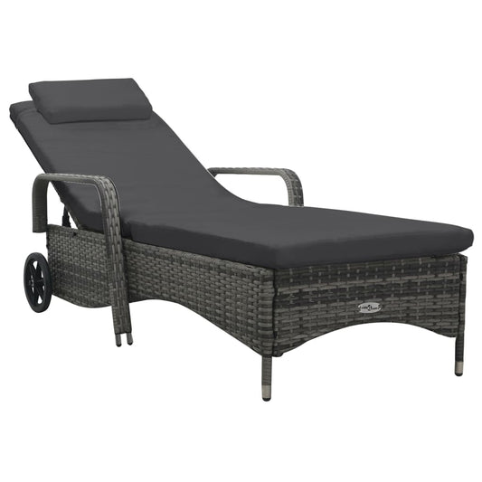 Grey PE wicker sun lounger with wheels