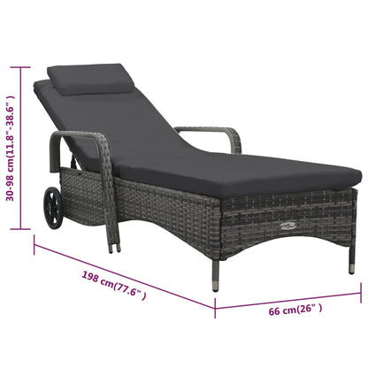 Grey PE wicker sun lounger with wheels