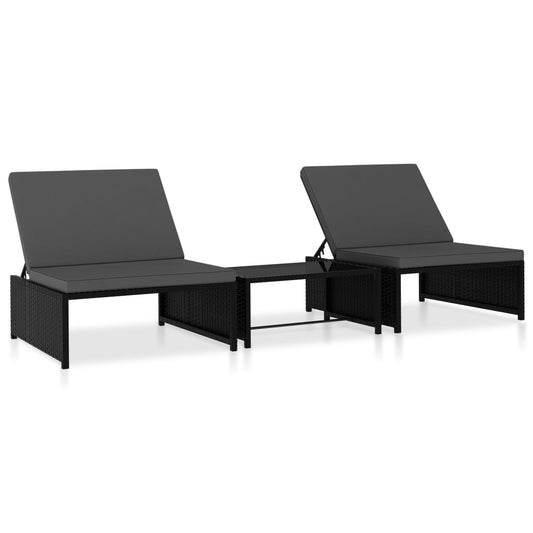 Sun loungers with table 2 pcs black PE rattan