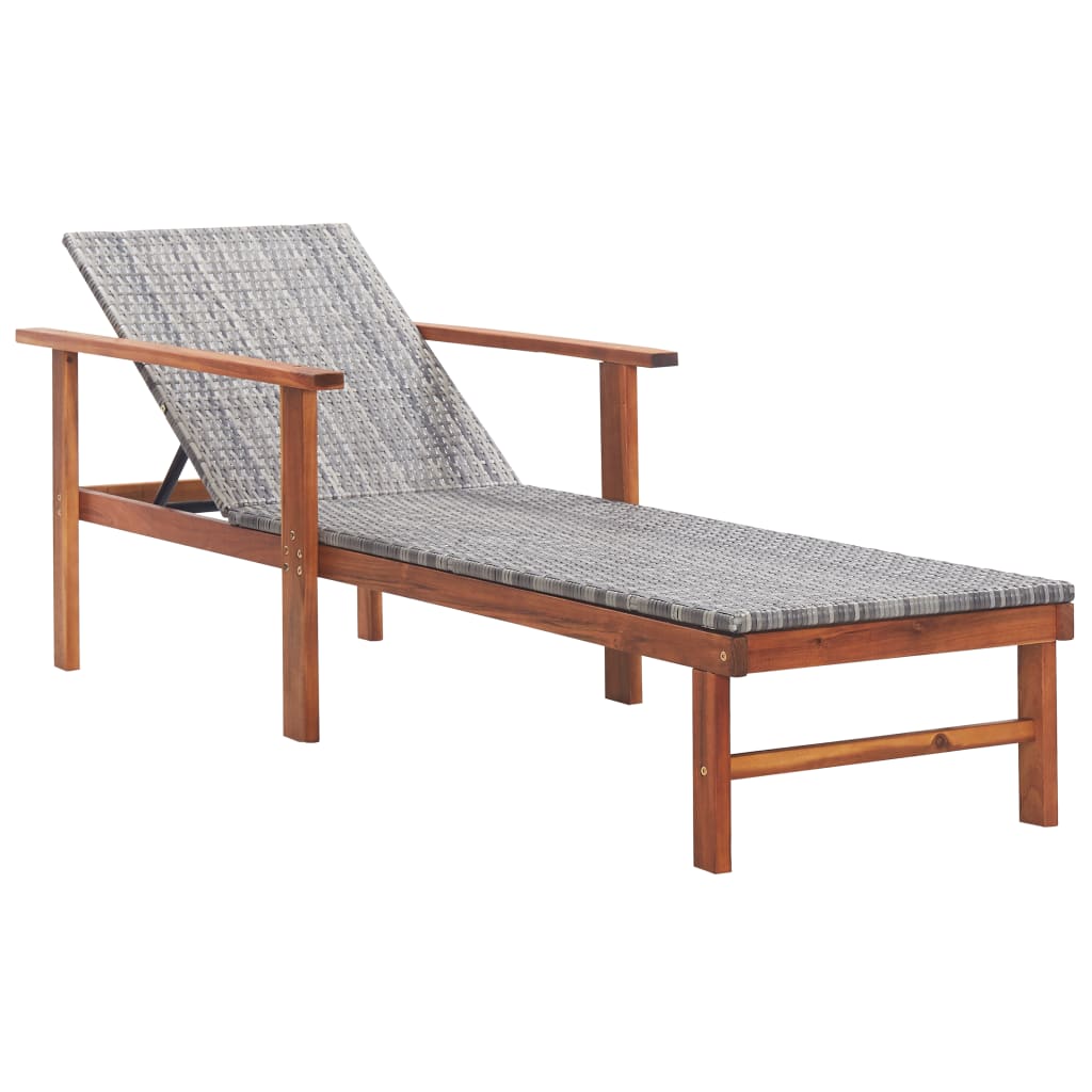 Grey PE wicker and solid acacia wood sun lounger