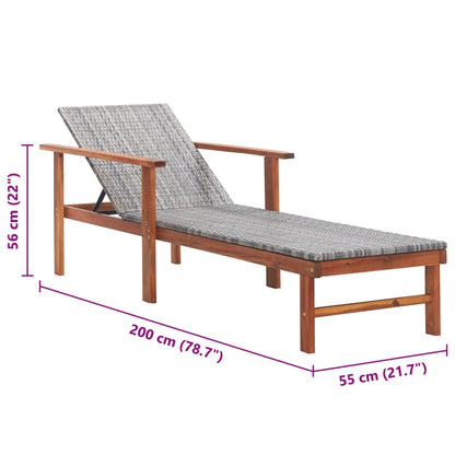 Grey PE wicker and solid acacia wood sun lounger