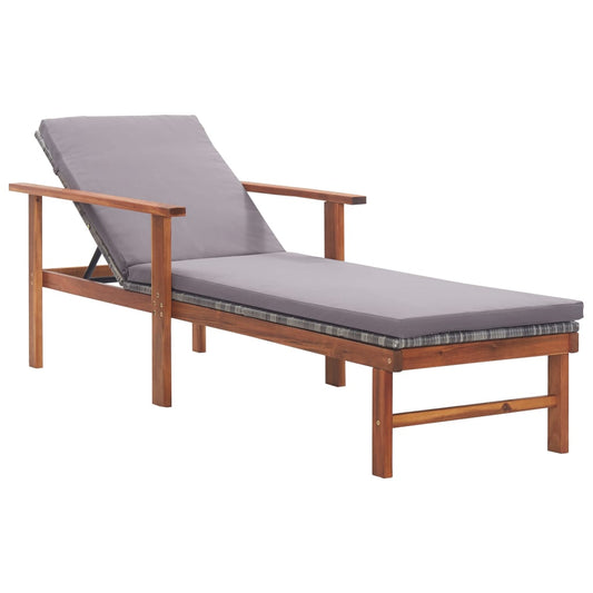 Sun lounger with cushion in PE wicker and grey acacia wood