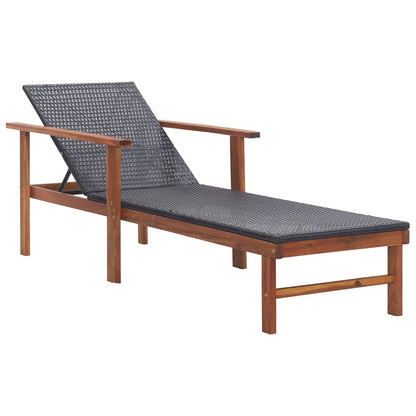Sun lounger in PE wicker and solid acacia wood in black