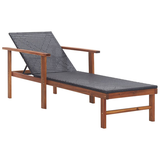 Sun lounger in PE wicker and solid acacia wood in black