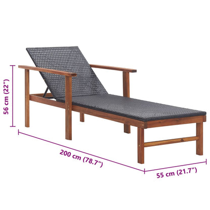 Sun lounger in PE wicker and solid acacia wood in black