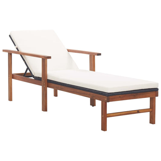 Sun lounger with cushion in PE wicker and black acacia wood