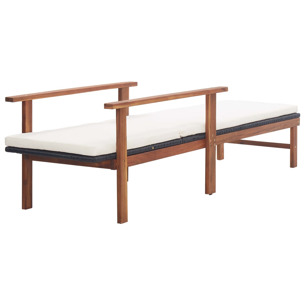Sun lounger with cushion in PE wicker and black acacia wood