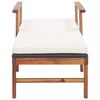 Sun lounger with cushion in PE wicker and black acacia wood