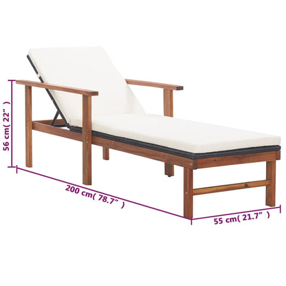 Sun lounger with cushion in PE wicker and black acacia wood