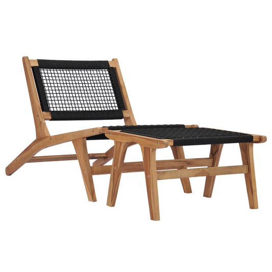 Sun lounger with footrest in solid teak wood and rope