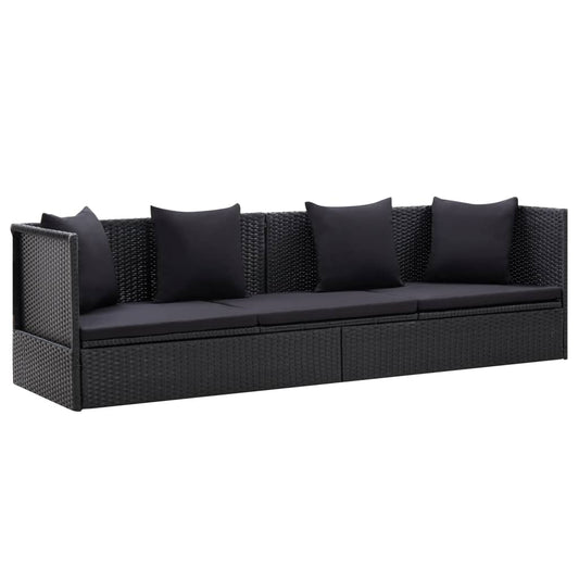 Garden sofa with cushion and pillow in black PE wicker