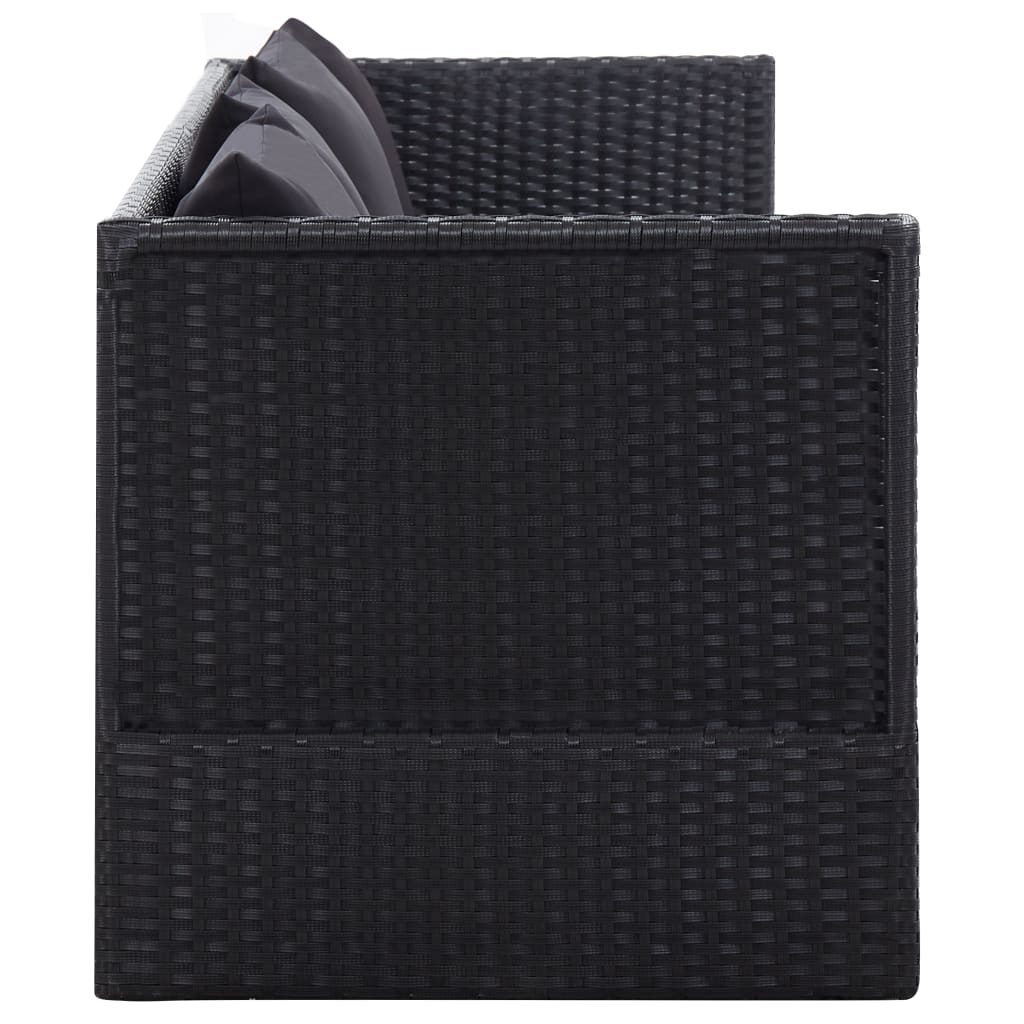 Garden sofa with cushion and pillow in black PE wicker