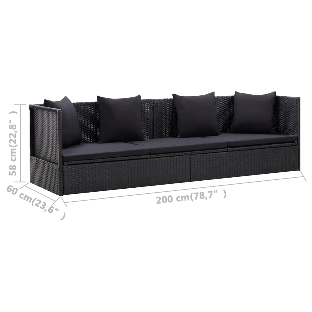 Garden sofa with cushion and pillow in black PE wicker