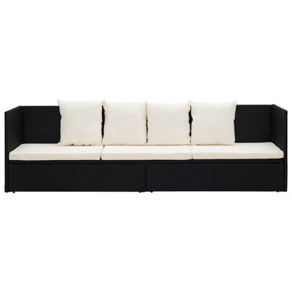 Garden sun lounger with cushion and pillows in black PE wicker