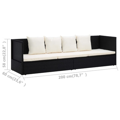 Garden sun lounger with cushion and pillows in black PE wicker