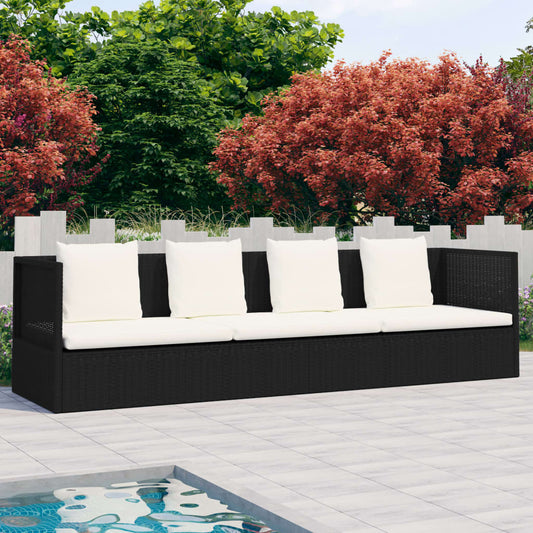 Garden sun lounger with cushion and pillows in black PE wicker