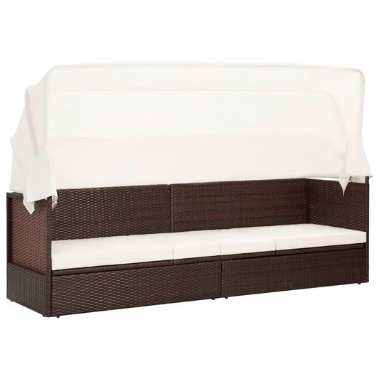 Brown wicker garden sofa with awning