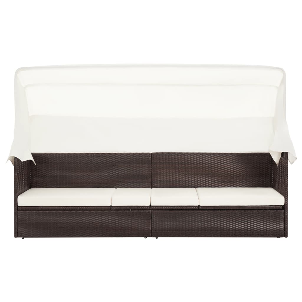 Brown wicker garden sofa with awning