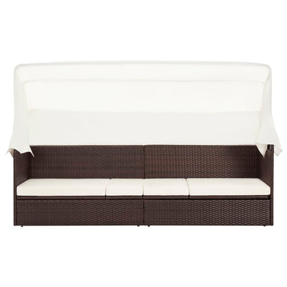 Brown wicker garden sofa with awning