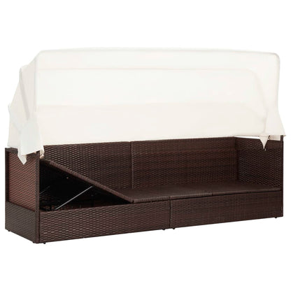 Brown wicker garden sofa with awning