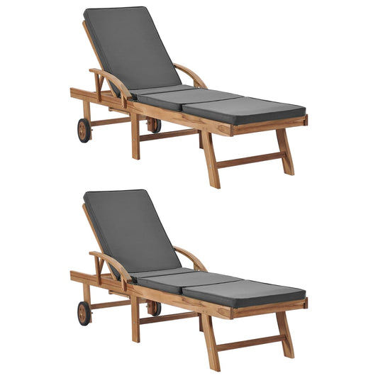 Sun loungers + cushions 2 pcs solid teak dark grey