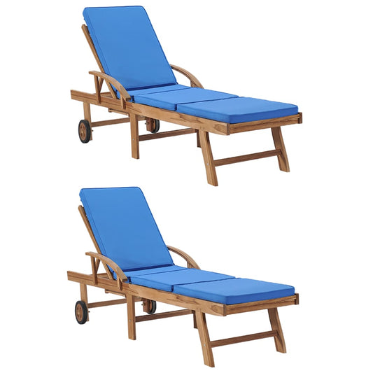 Sun loungers with cushions 2 pcs solid teak wood blue
