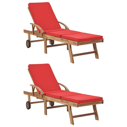 Sun loungers with cushions 2 pcs solid teak red