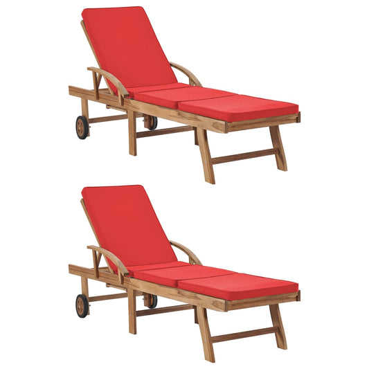 Sun loungers with cushions 2 pcs solid teak red