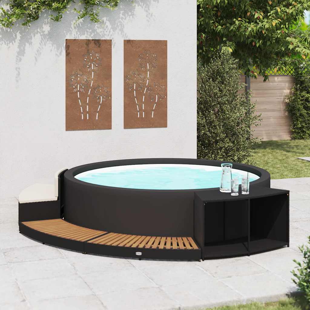 Black PE wicker and solid acacia wood spa surround