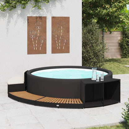 Black PE wicker and solid acacia wood spa surround