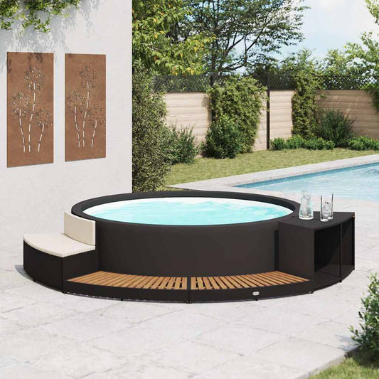 Black PE wicker and solid acacia wood spa surround