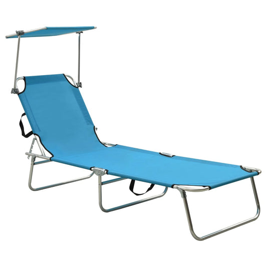 Folding sun lounger with turquoise and blue steel canopy