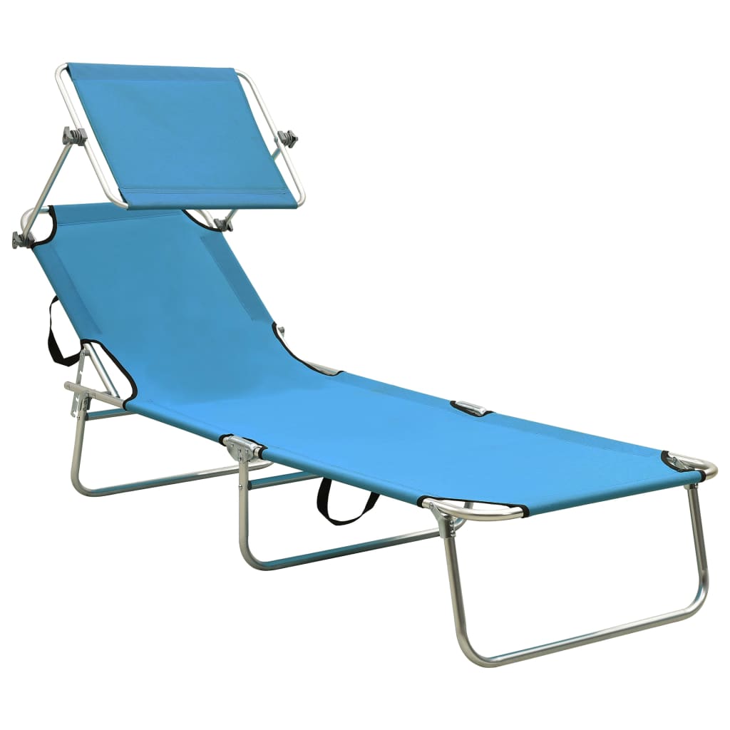 Folding sun lounger with turquoise and blue steel canopy