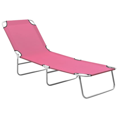Folding sun lounger in steel and pink fabric