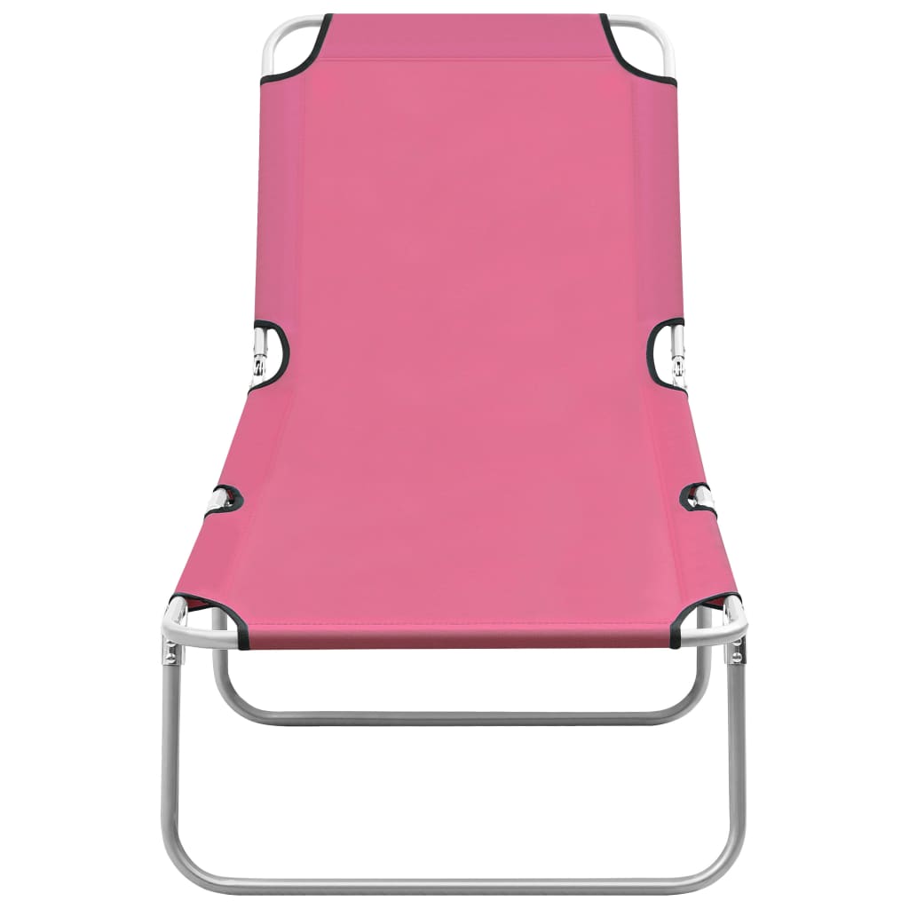Folding sun lounger in steel and pink fabric