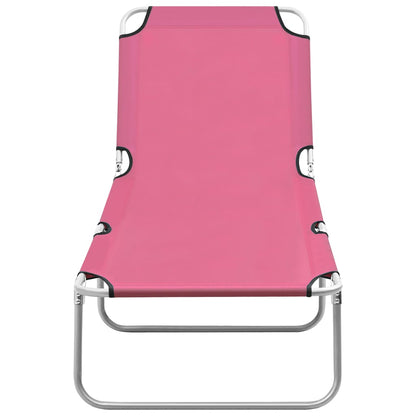 Folding sun lounger in steel and pink fabric