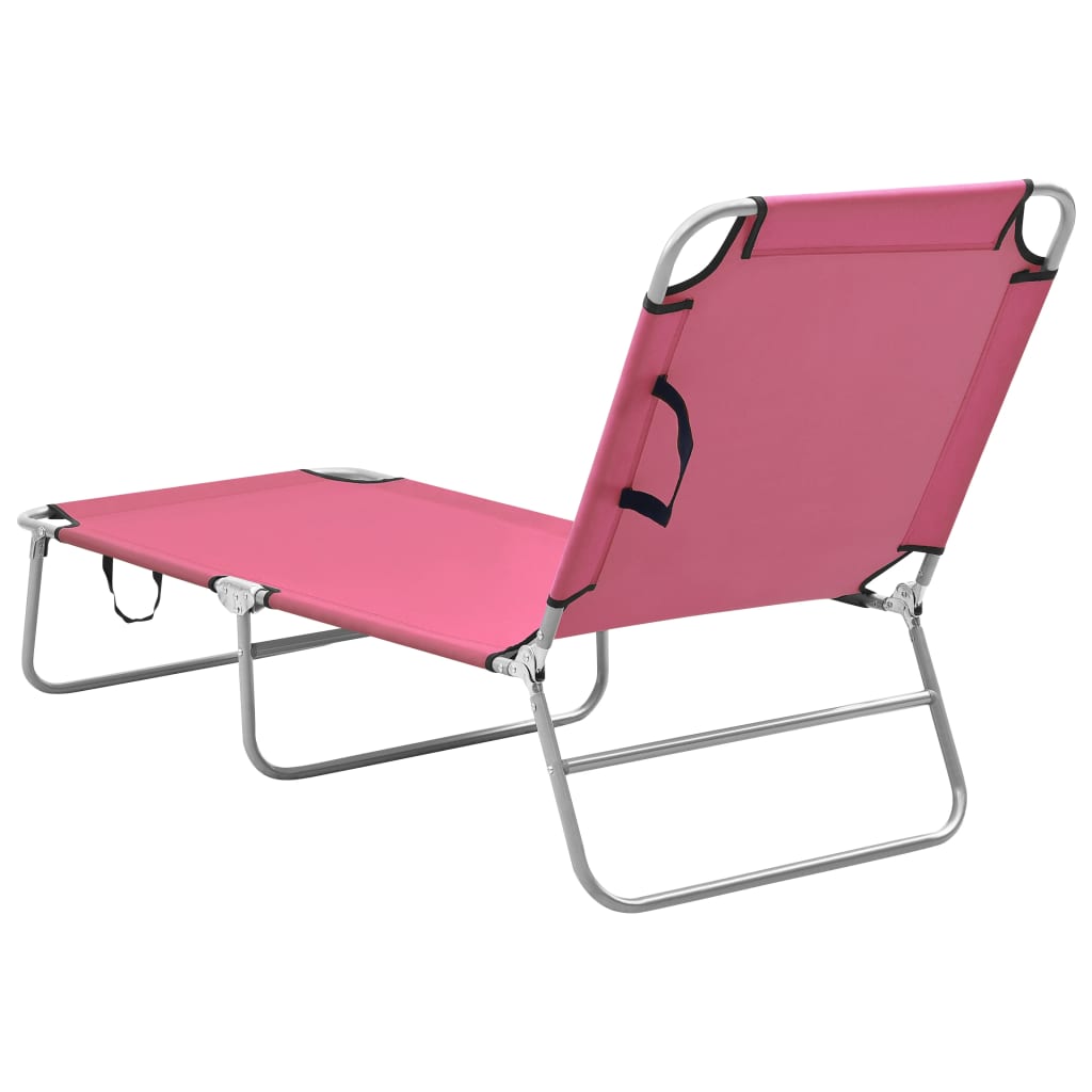 Folding sun lounger in steel and pink fabric