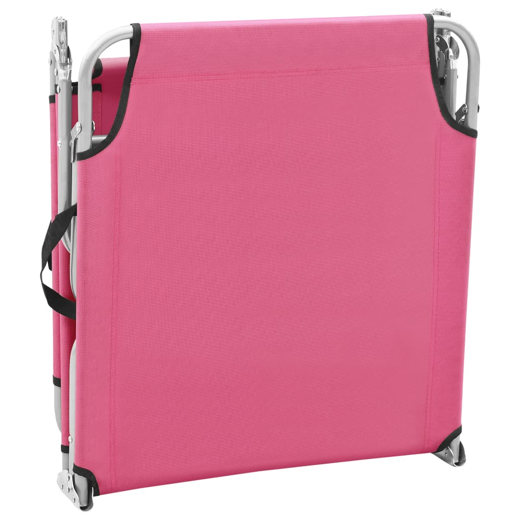Folding sun lounger in steel and pink fabric